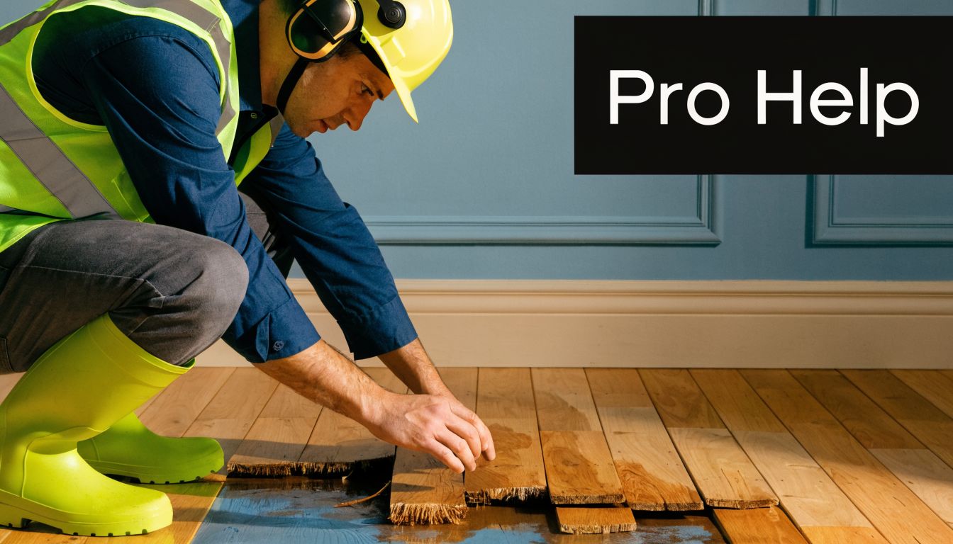 A professional construction worker installing new wooden floor planks while wearing safety gear and boots.