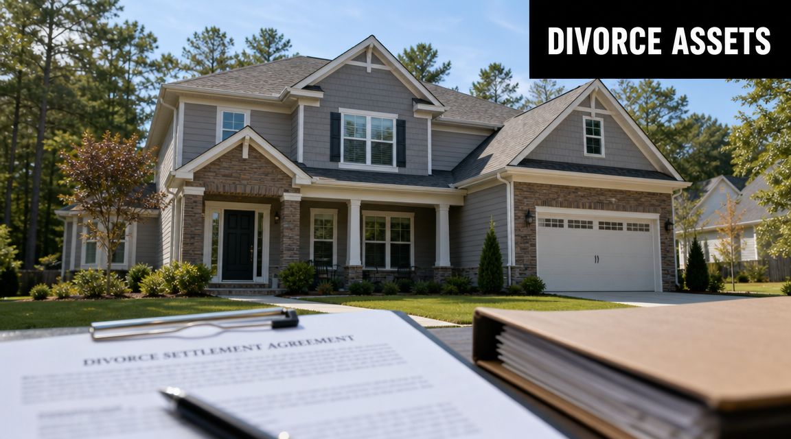 A document titled Divorce Settlement Agreement rests on a surface in front of a suburban house.