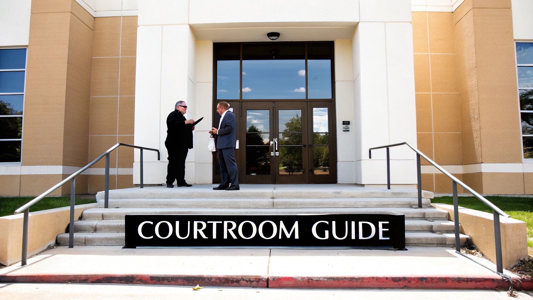 Two men in suits stand on courthouse steps next to a "Courtroom Guide" banner.