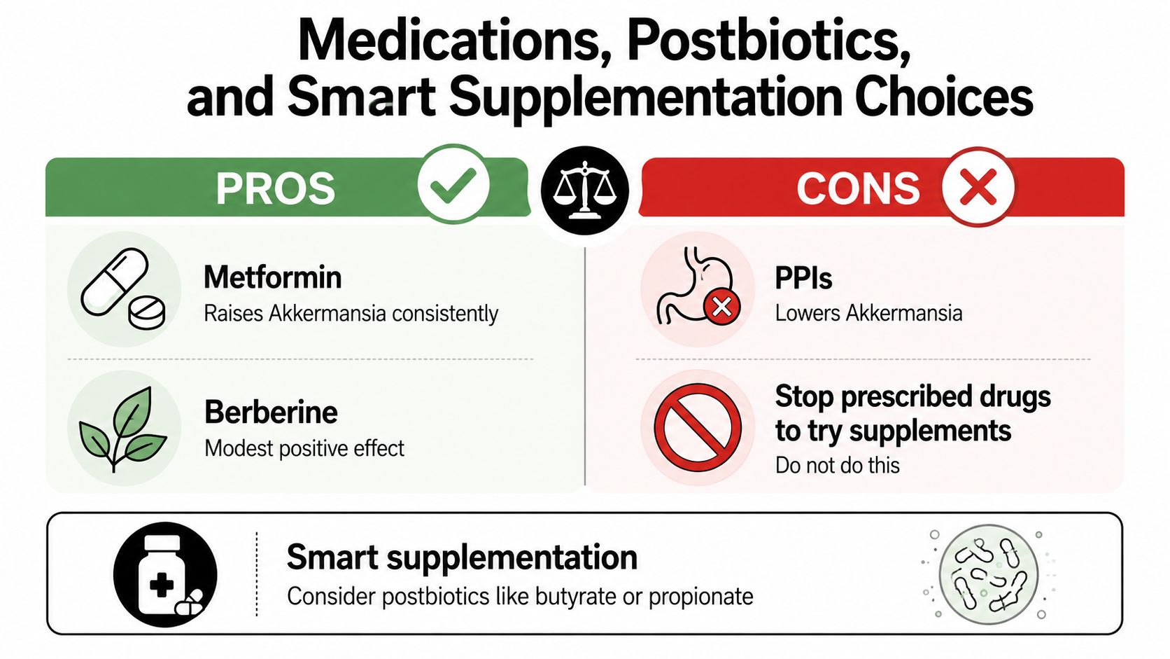 A graphic comparing medications and supplements that affect Akkermansia levels, including positive and negative examples.