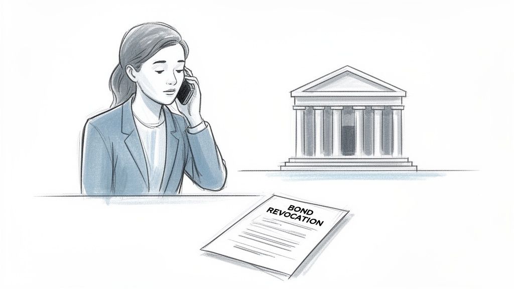 A woman talks on the phone while a 'Bond Revocation' document rests on a table, with a courthouse in the background.