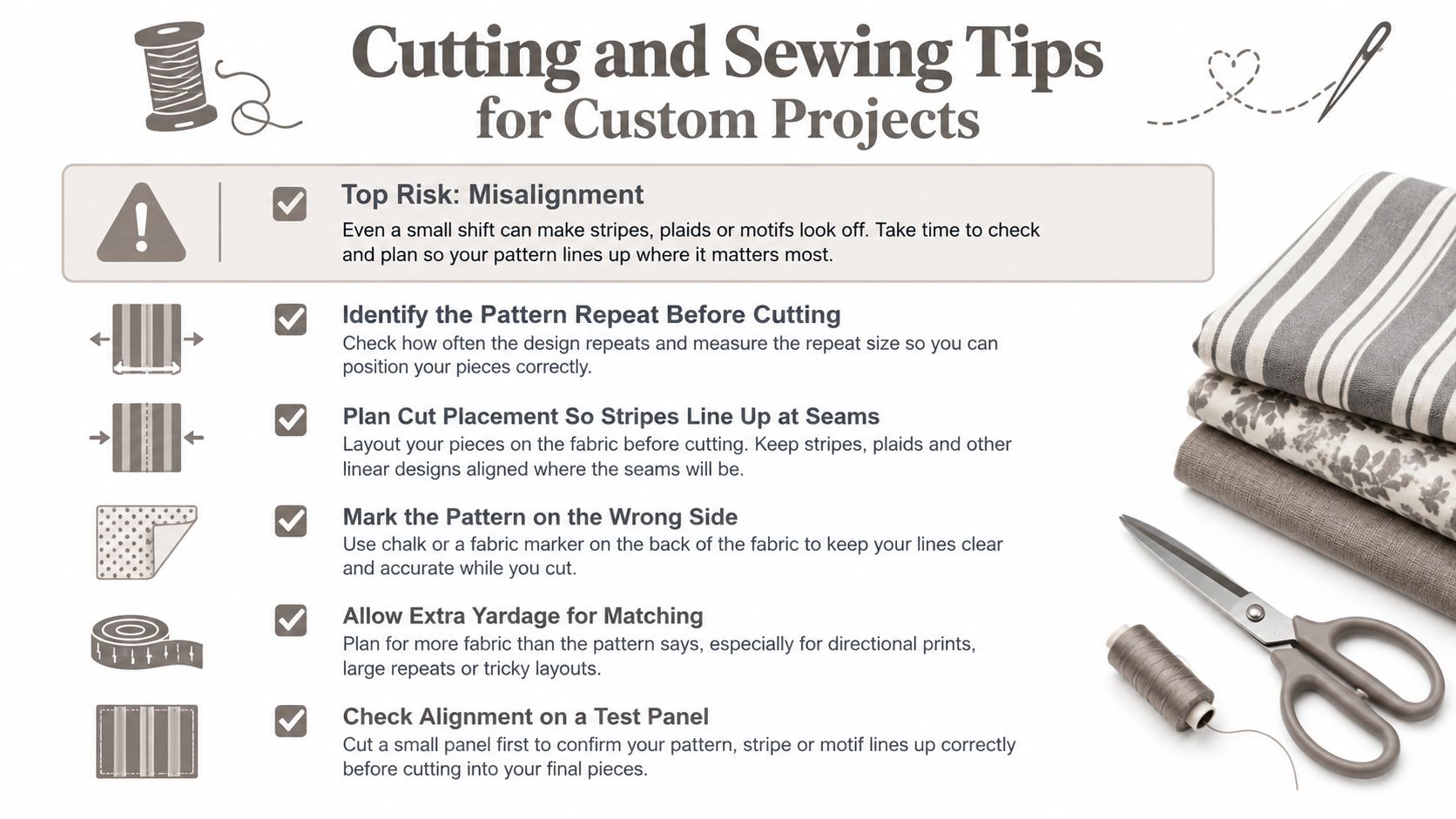 A list of six sewing tips for cutting and aligning striped or patterned fabric, displayed with icons.