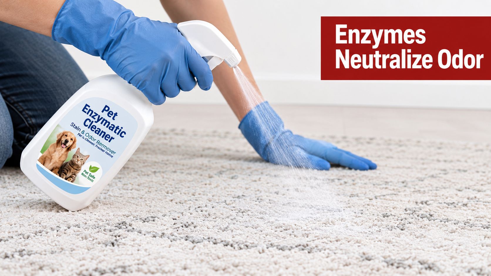Person wearing blue gloves sprays pet enzymatic cleaner onto a white carpet to remove pet stains.