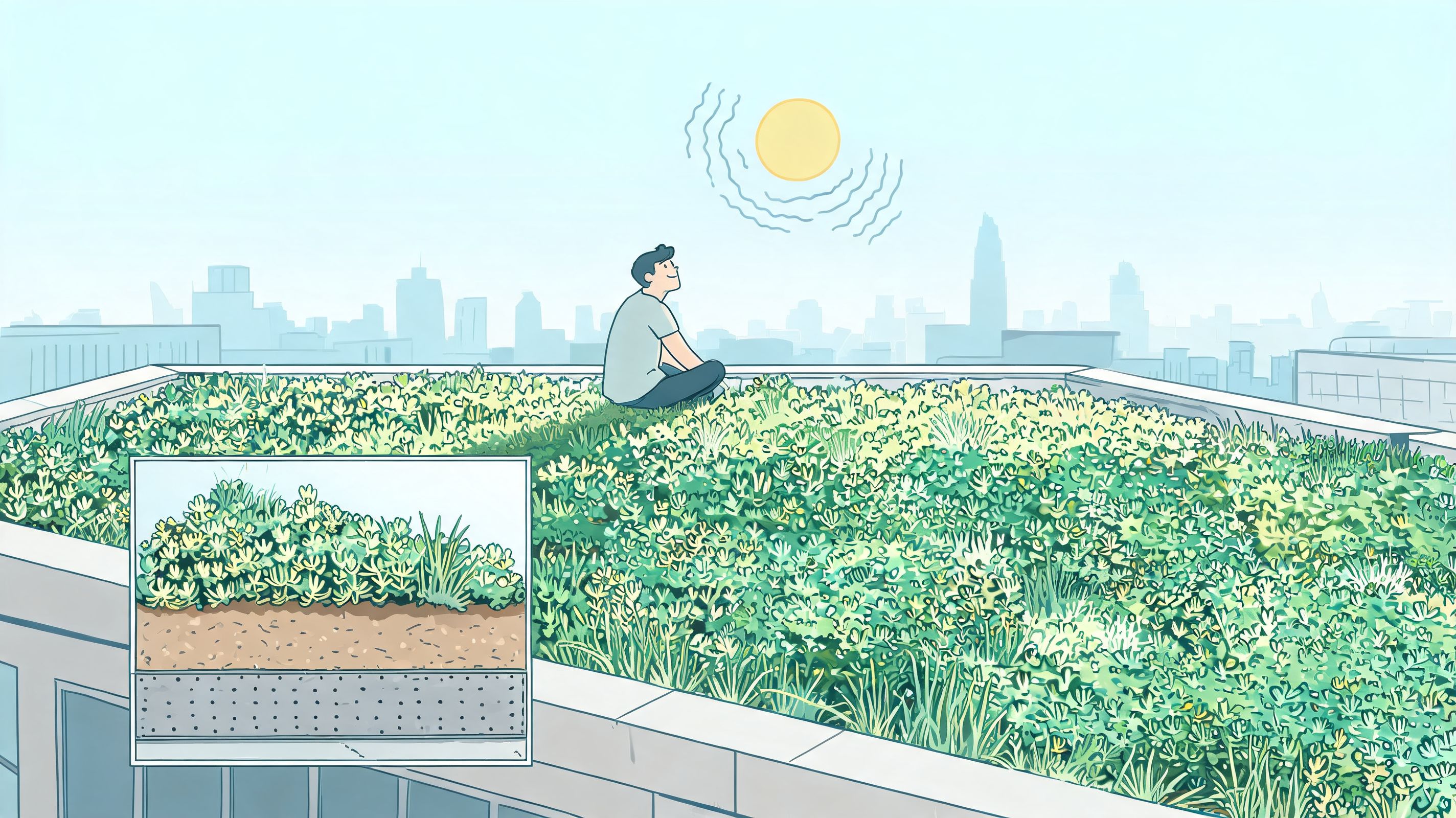 A person sitting on a lush green roof garden with city buildings in the background.