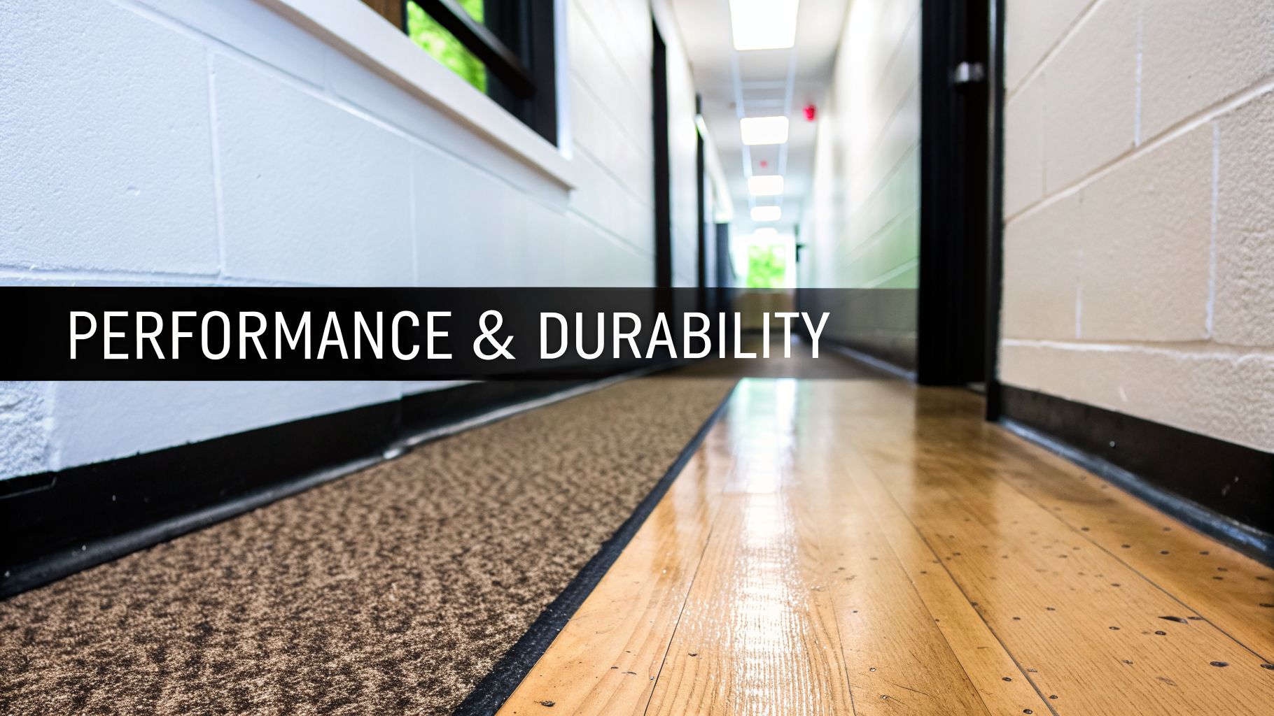 A long hallway showing a transition from durable brown carpet to shiny wooden flooring, emphasizing performance.