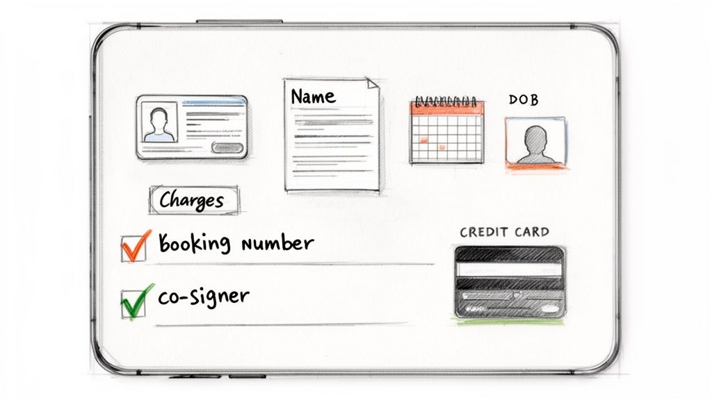 A sketched tablet interface displaying personal identification, name, date of birth, charges, booking details, and credit card.