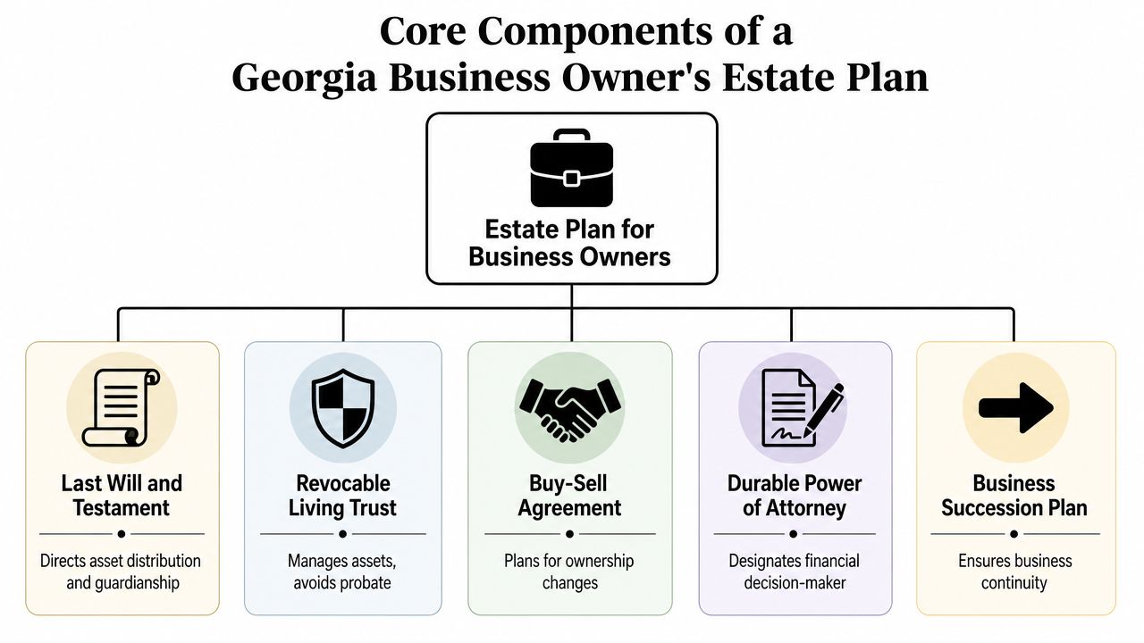 A flowchart diagram showing the five core components of a business owner's estate plan in Georgia.