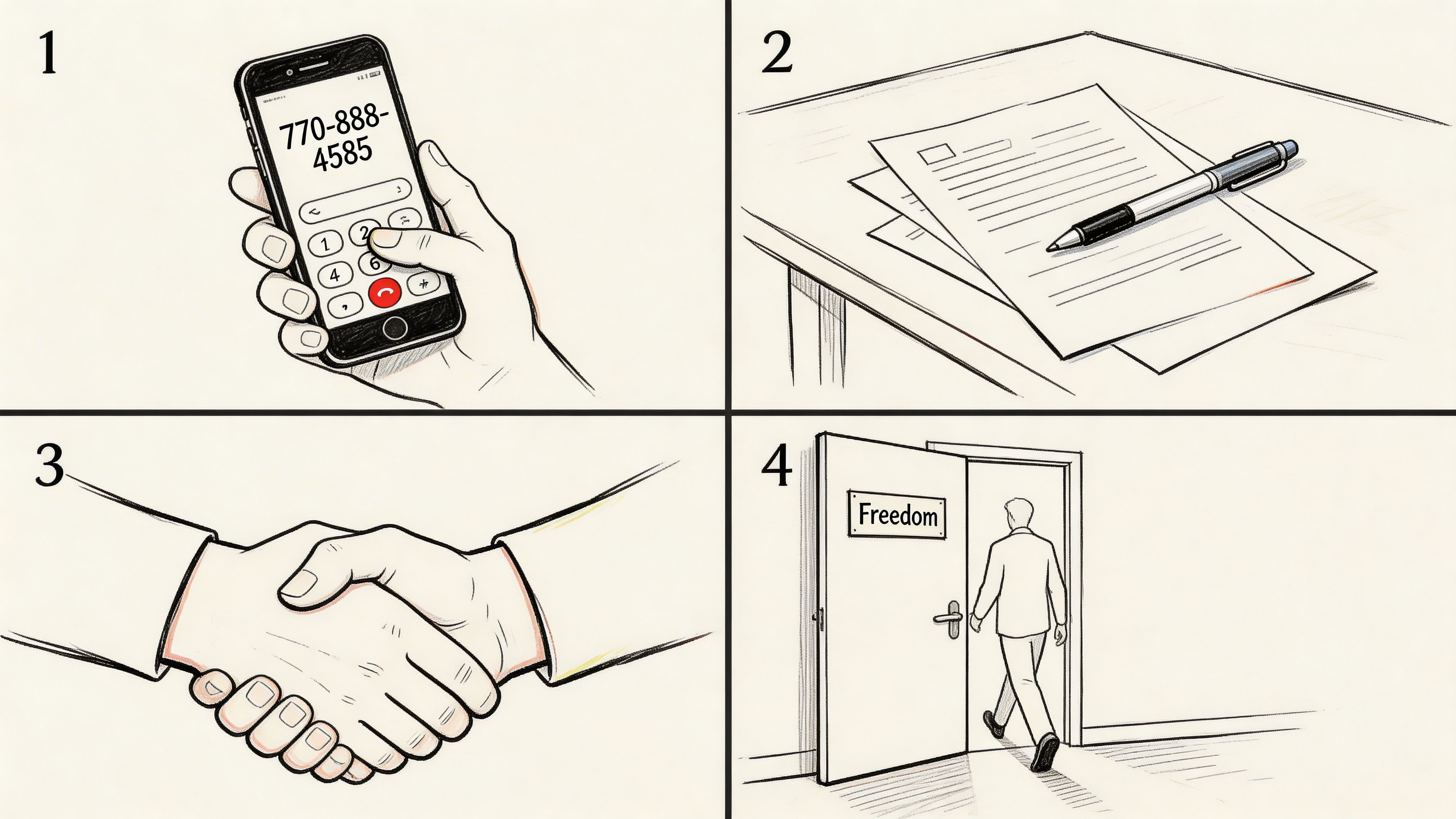 A four-step illustration showing a phone call, legal paperwork, a handshake, and walking through a door labeled Freedom.