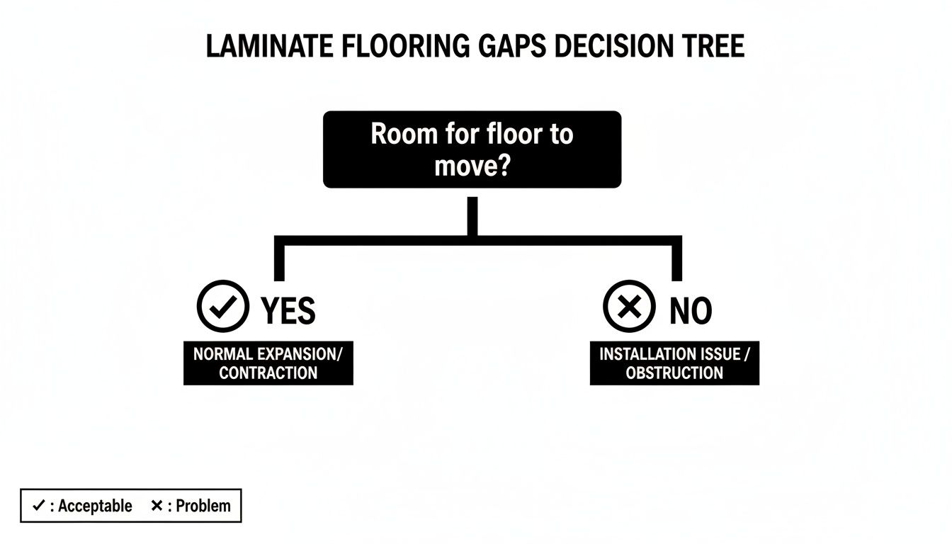 Decision tree for laminate flooring gaps, showing normal expansion as acceptable and installation issues as problems.