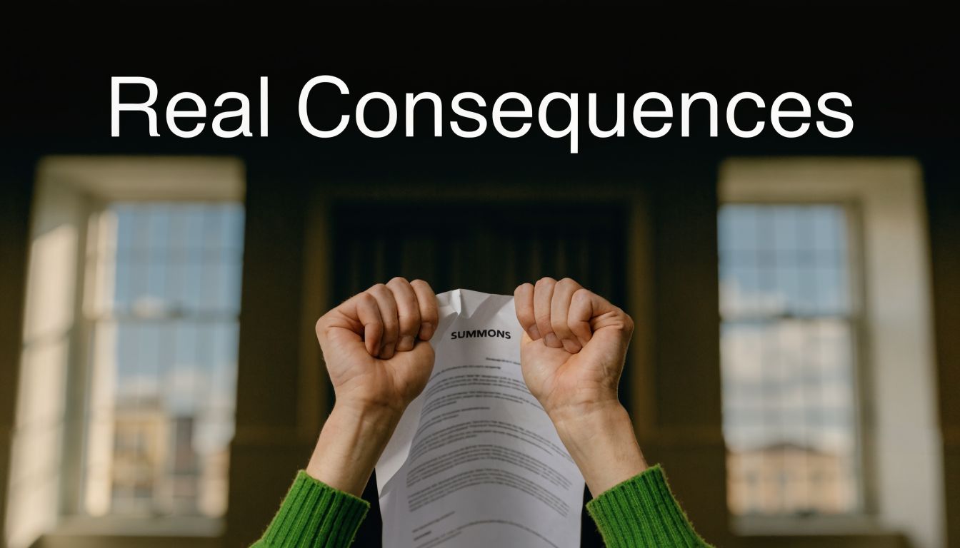 A person in a green sweater holding a paper document labeled summons, tearing it apart in frustration.