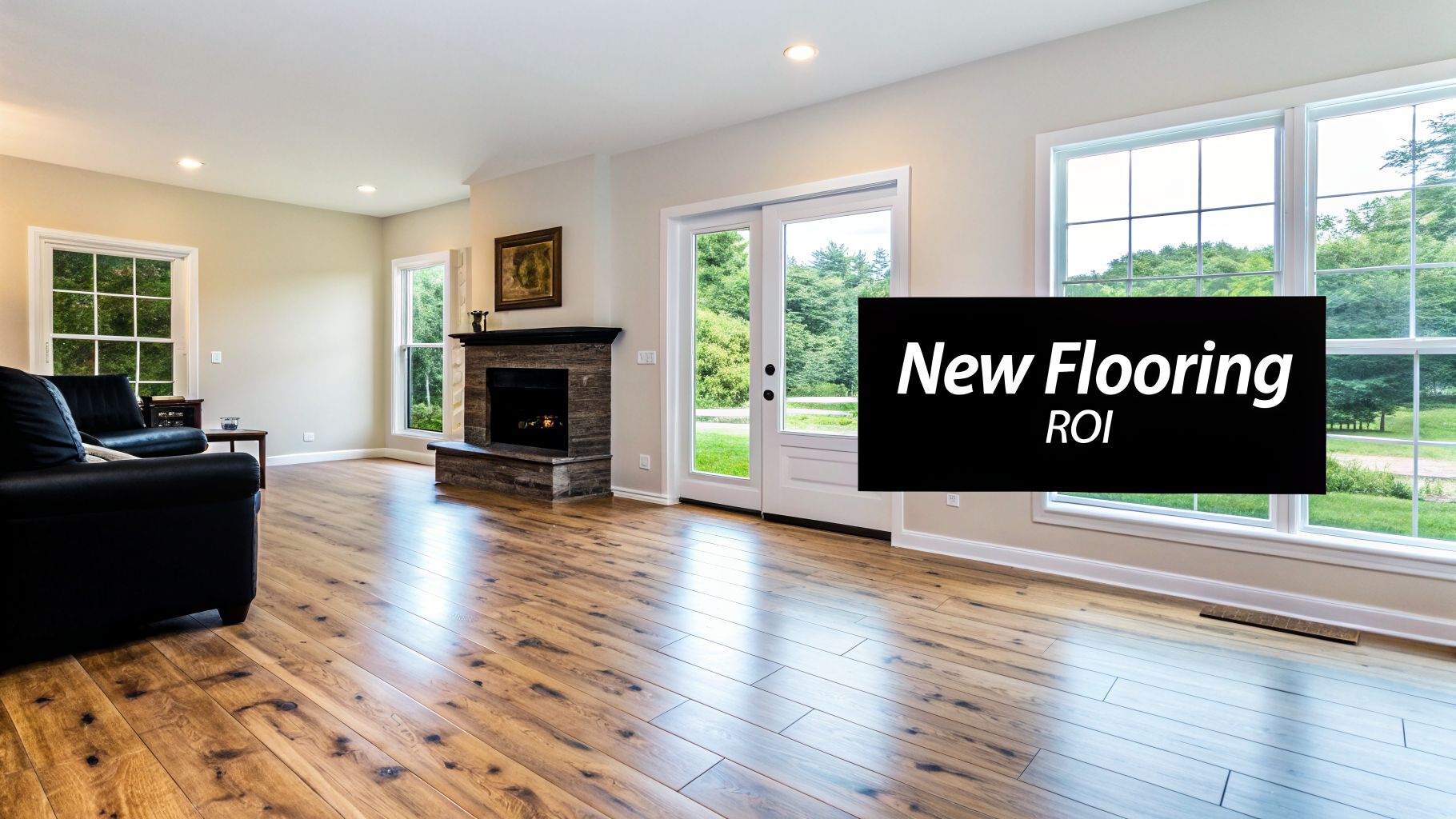Spacious living room featuring new hardwood flooring, a modern fireplace, and large windows.