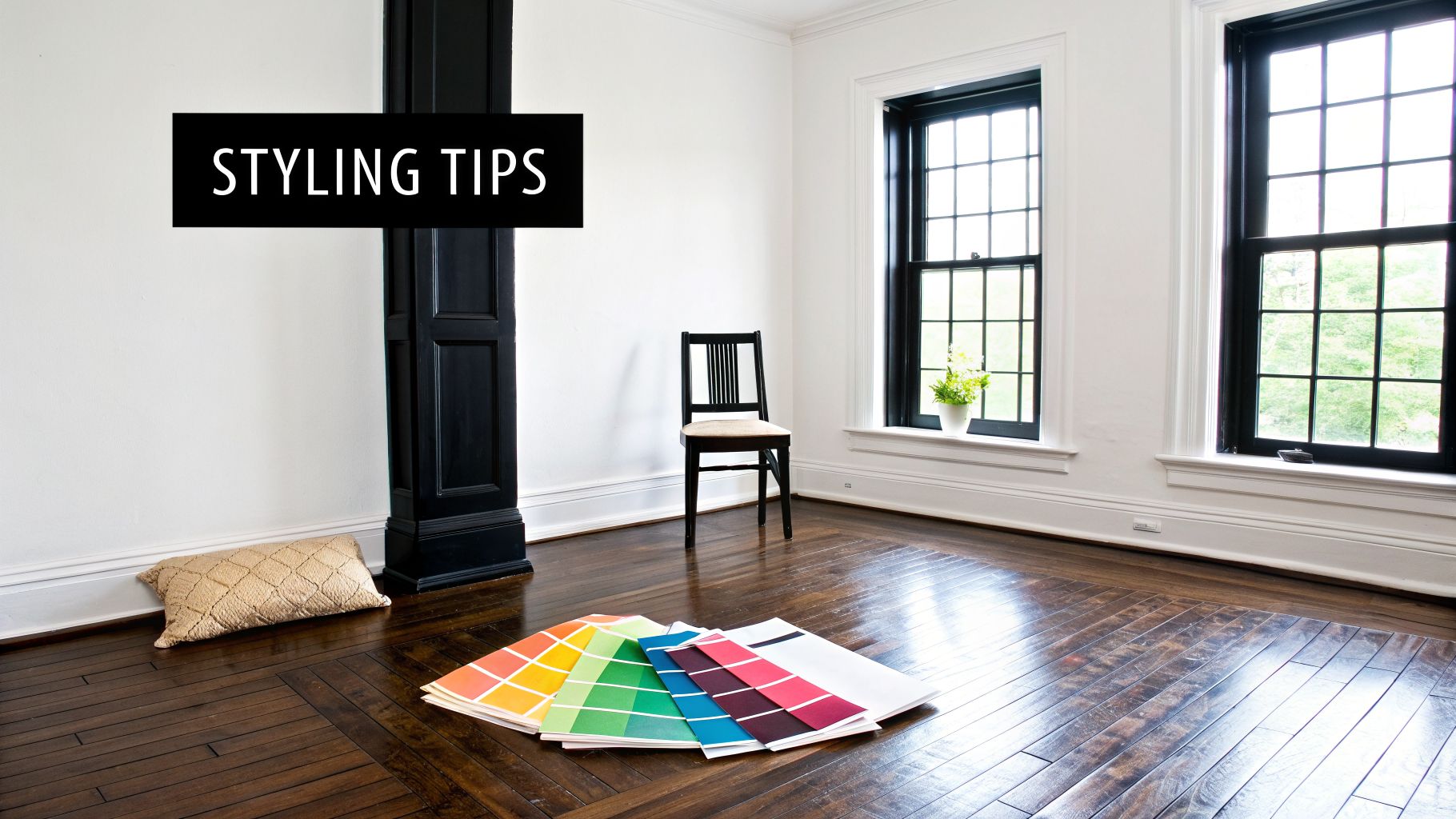 An empty room with dark walnut floors, white walls, black windows, a chair, and colorful paint swatches.