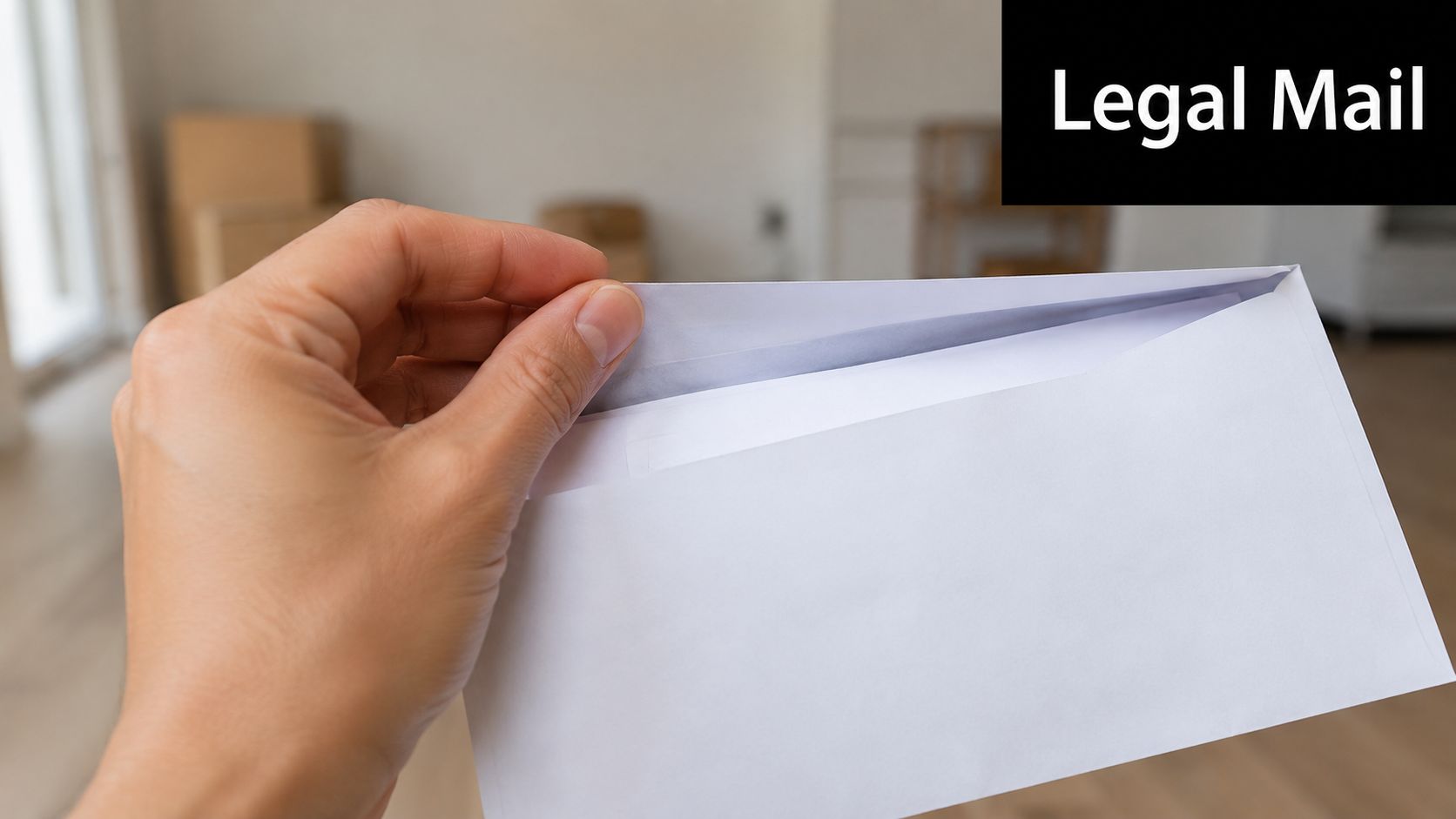 A hand holds an open white envelope in a room with cardboard moving boxes in the background.