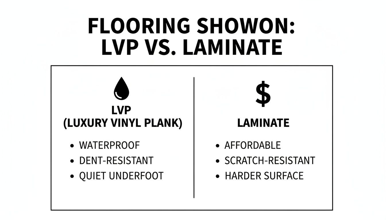 A detailed comparison chart showing features and benefits of Luxury Vinyl Plank (LVP) versus Laminate flooring.