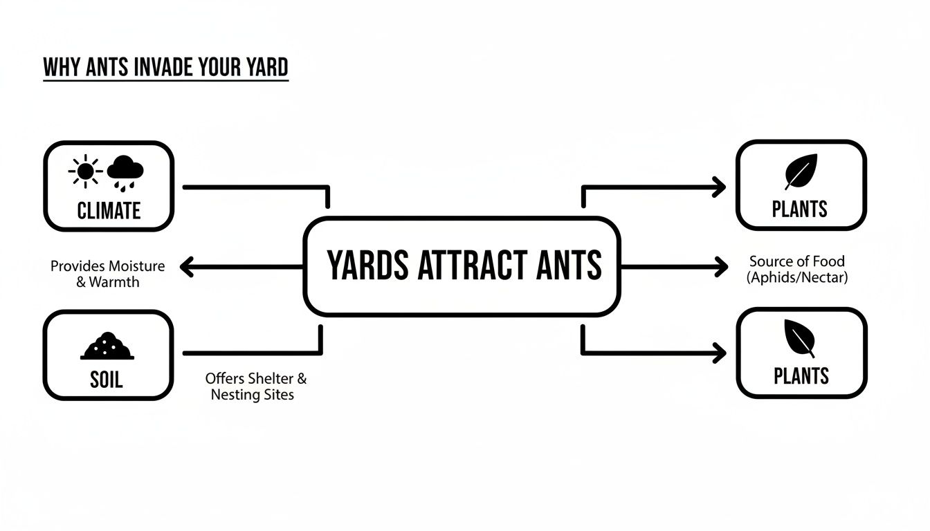 Flowchart outlining why yards attract ants, detailing climate, soil, and plants as primary attractants.