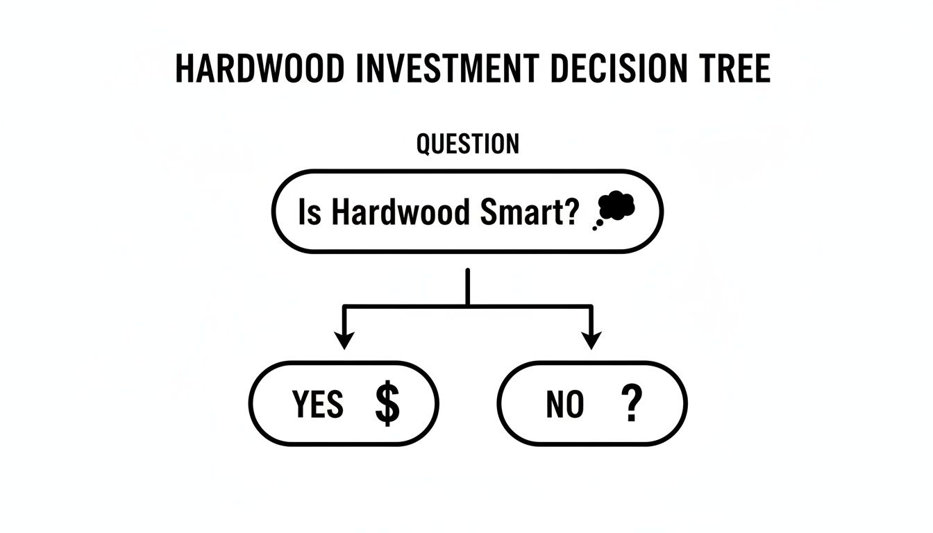 A decision tree flowchart titled 'Hardwood Investment Decision Tree' with the question 'Is Hardwood Smart?'.