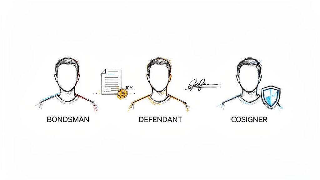 Illustration of three figures: Bondsman, Defendant with contract and 10% payment, and Cosigner with a shield, explaining the bail bond process.