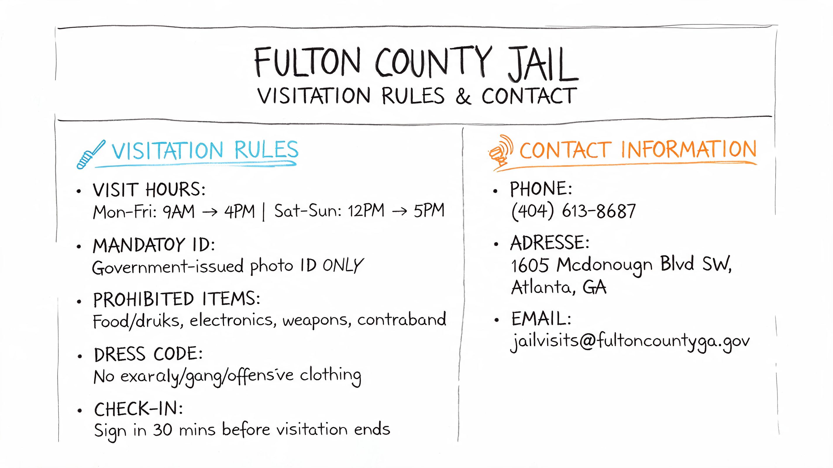 Informational sign for Fulton County Jail detailing visitation hours, rules, and contact information for the facility.