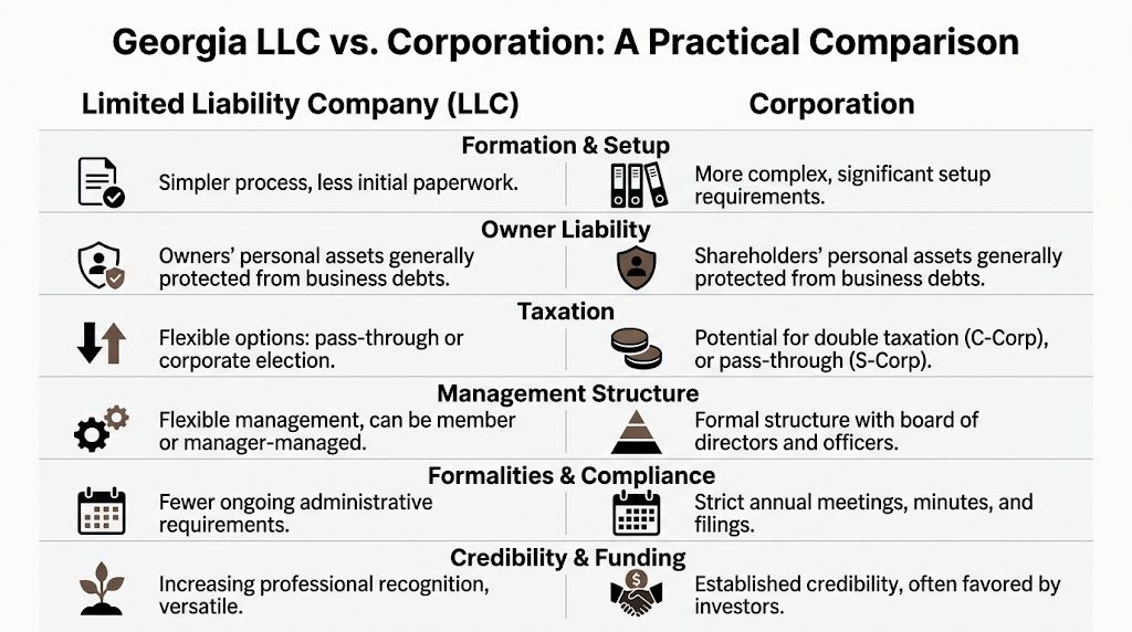 A comparison chart outlining key differences between a Georgia Limited Liability Company and a formal corporation.