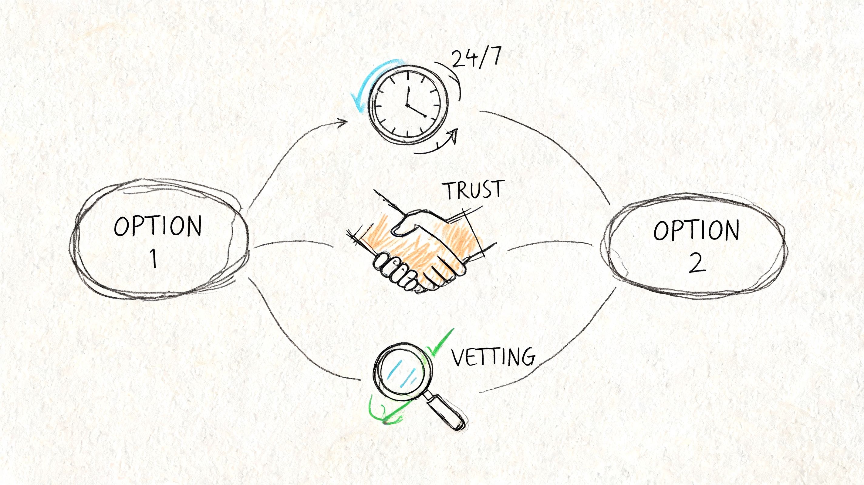 A hand-drawn illustration showing two options connected by icons representing trust, 24/7 service, and background vetting.