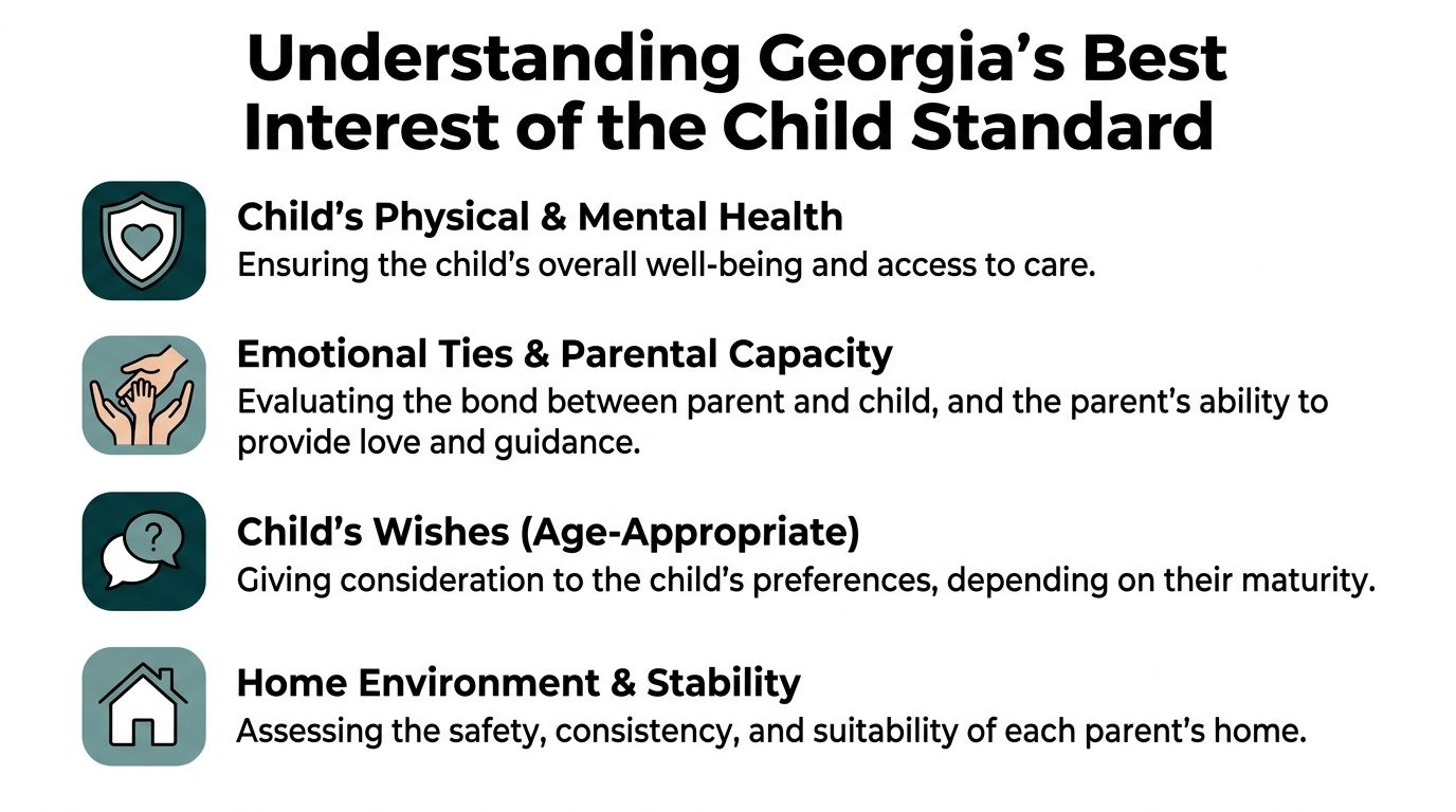 An infographic titled Understanding Georgia's Best Interest of the Child Standard, listing four key child custody factors.