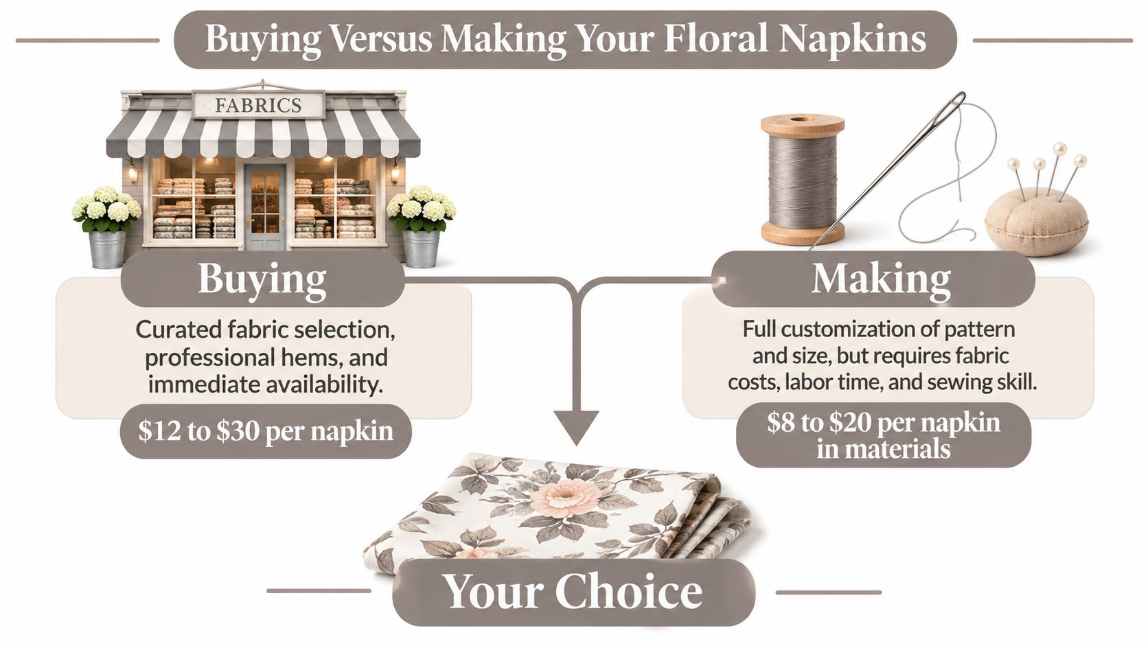 A comparison infographic showing the cost and pros of buying versus making custom floral fabric napkins.