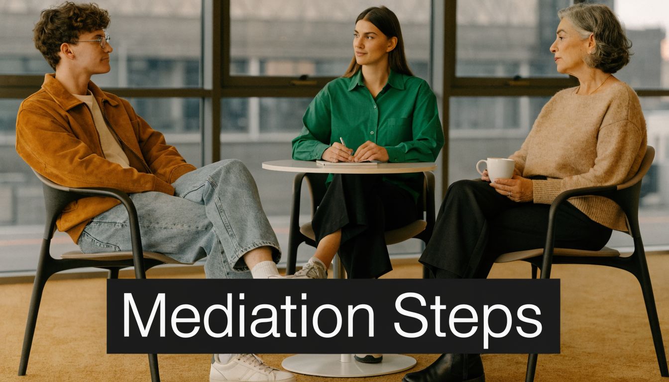 A professional mediator facilitates a conversation between two people during a structured workplace mediation session.