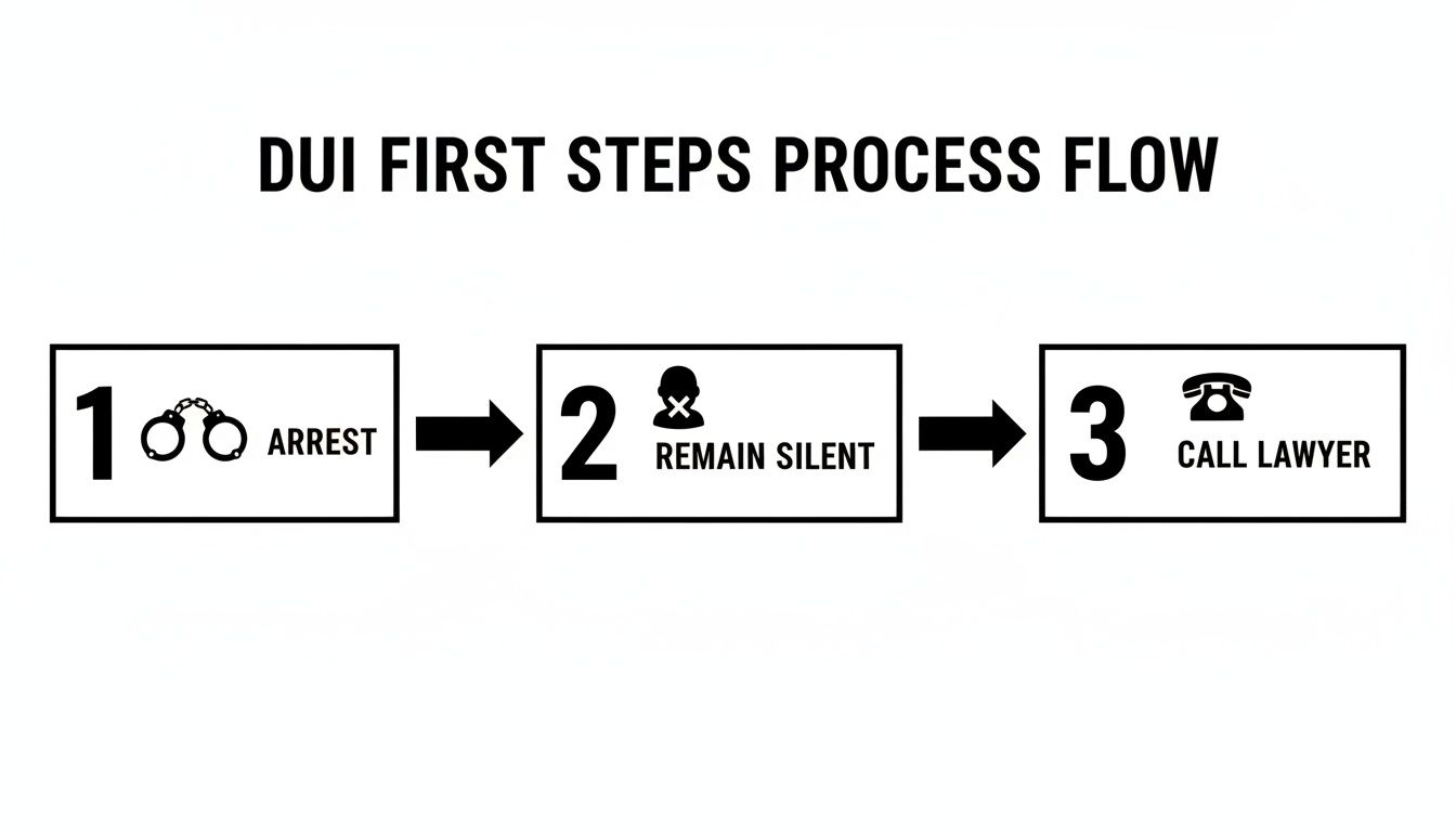 A DUI first steps process flow showing arrest, remain silent, and call lawyer.