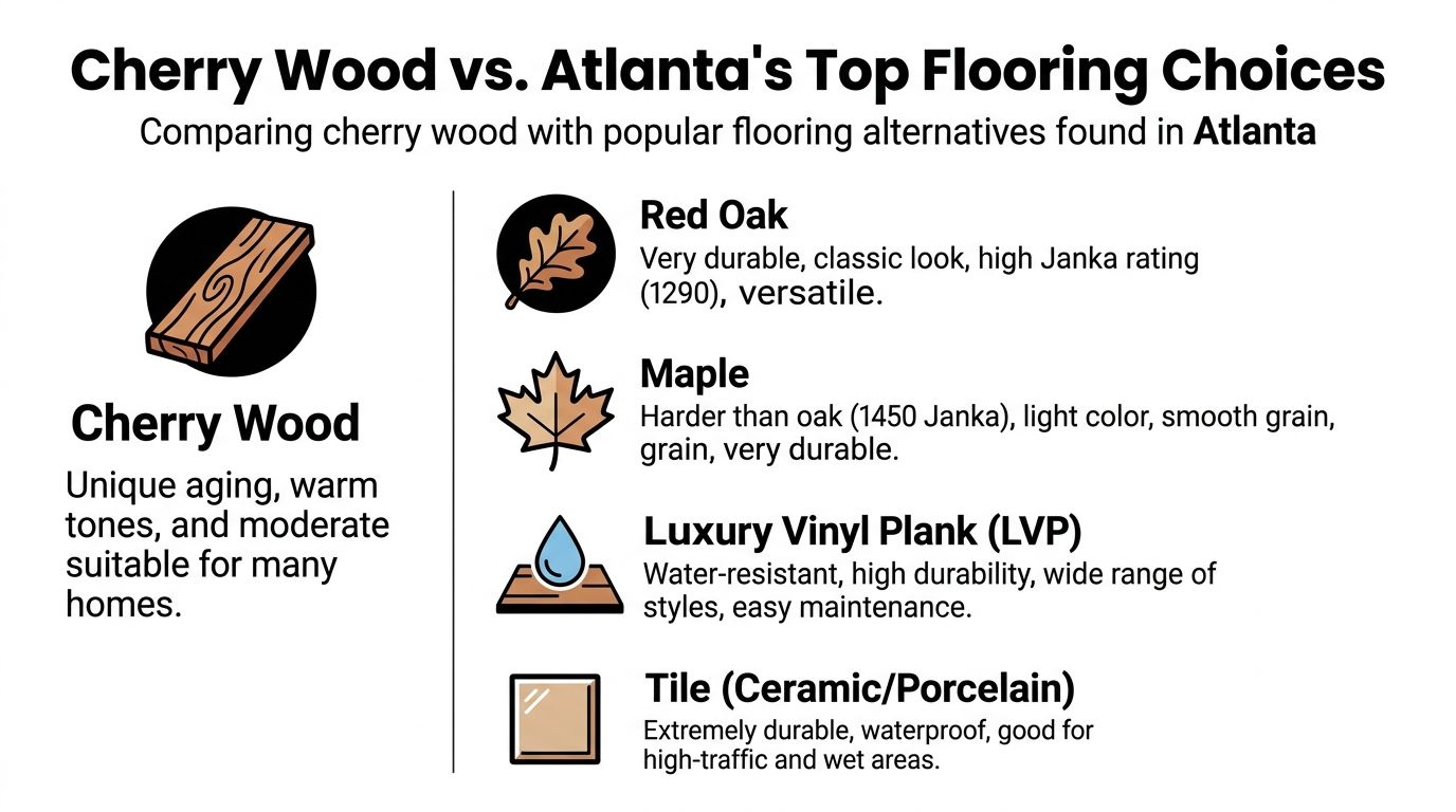 A comparison infographic featuring cherry wood floors against popular flooring alternatives like red oak, maple, LVP, and tile.