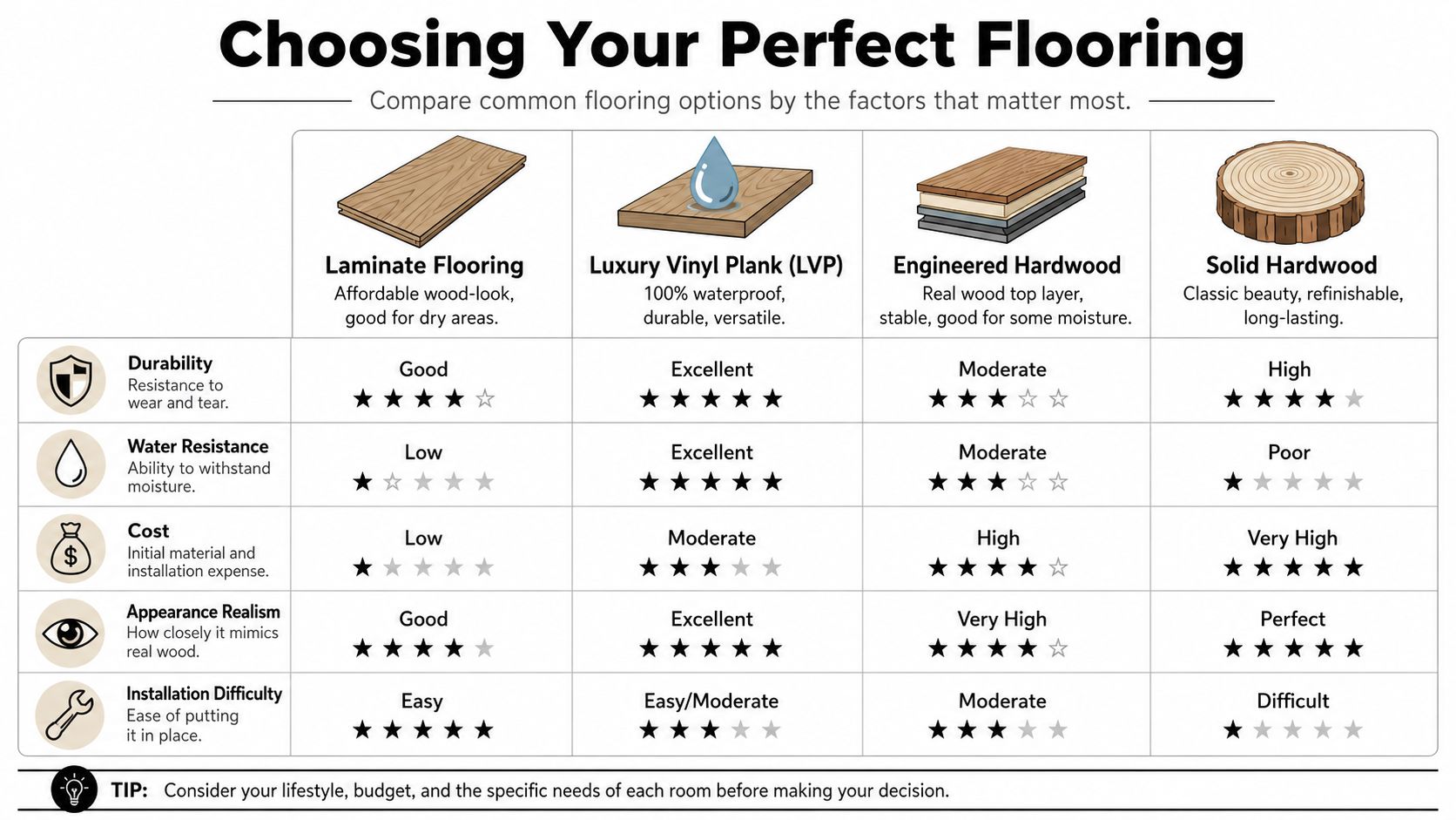 A comparison chart showing features and ratings of laminate, luxury vinyl, engineered hardwood, and solid hardwood flooring options.