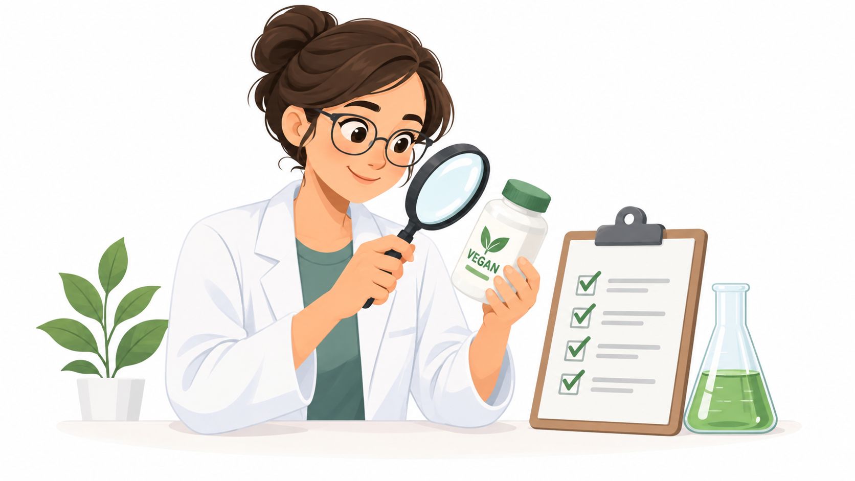 A female scientist in a white coat examines a vegan supplement bottle with a magnifying glass.