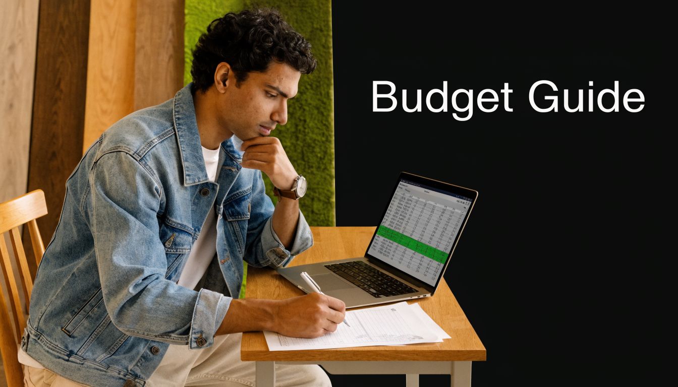 A young man sitting at a desk with a laptop and documents, planning a home renovation budget.