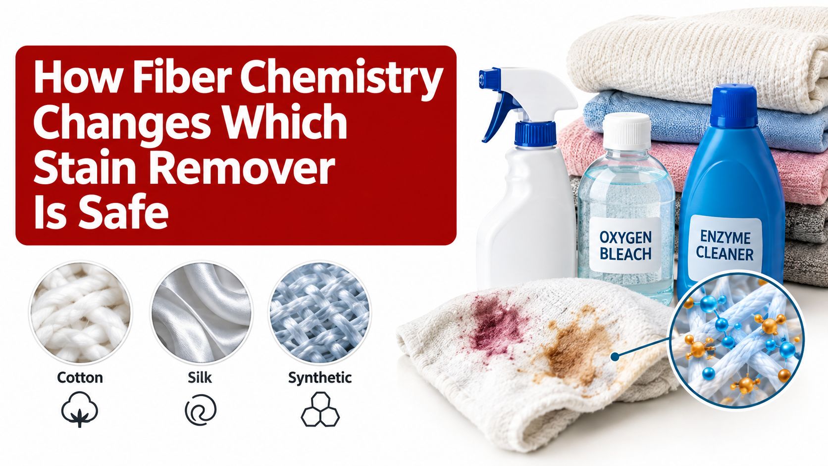 A stack of fabric, bottles of oxygen bleach and enzyme cleaner, and microscopic views of different textile fibers.