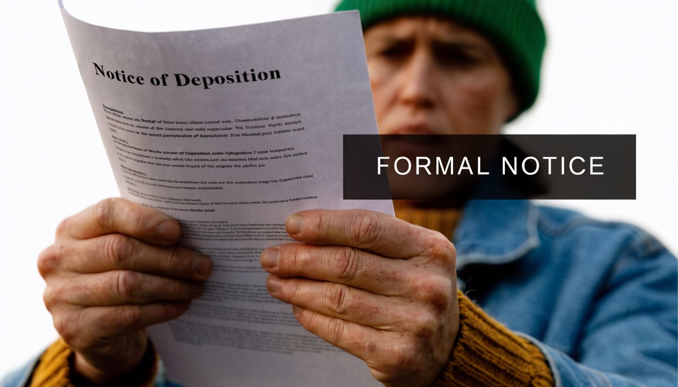 A person in a beanie and denim jacket holding and reading a legal Notice of Deposition document.