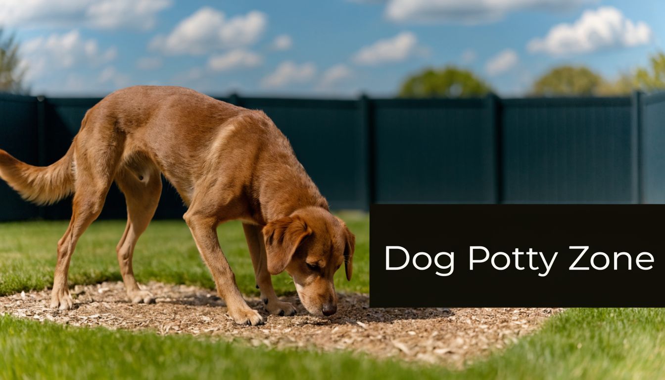 A brown dog sniffing a wood chip area designated as a dog potty zone in a backyard.