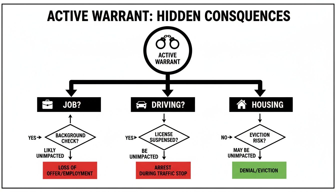 Flowchart showing the hidden consequences of an active warrant on employment, driving, and housing.