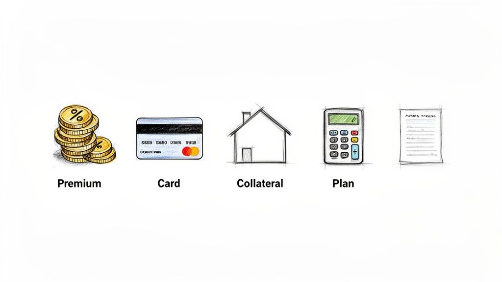 Sketches illustrating financial concepts: coins for premium, a credit card, a house for collateral, a calculator for a plan, and a payment schedule document.