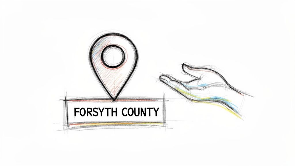 A hand-drawn illustration showing a location pin icon above a box labeled Forsyth County near an outstretched hand.