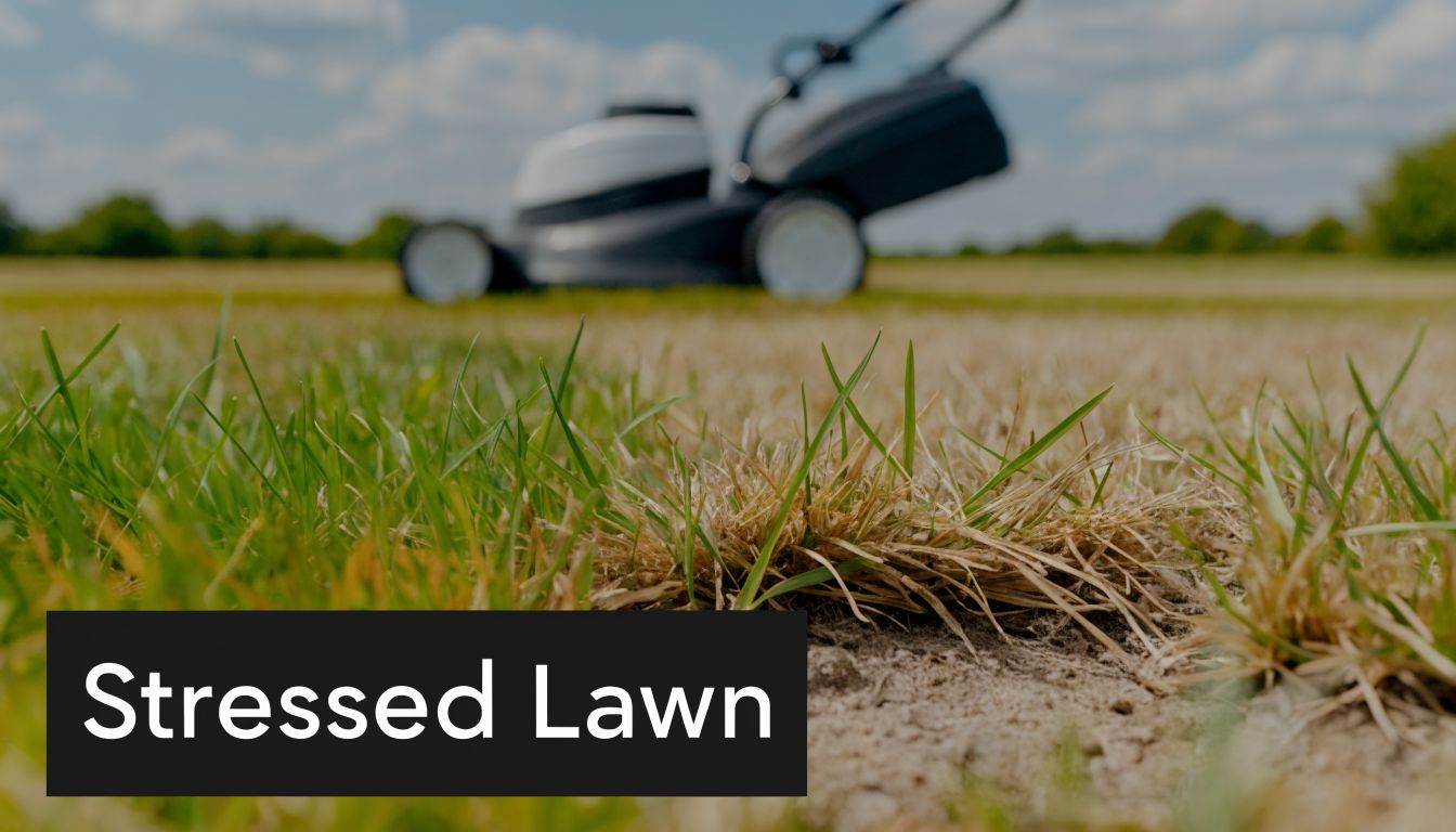 A mower on a dry and patchy lawn with yellow, stressed grass in a sunny field.
