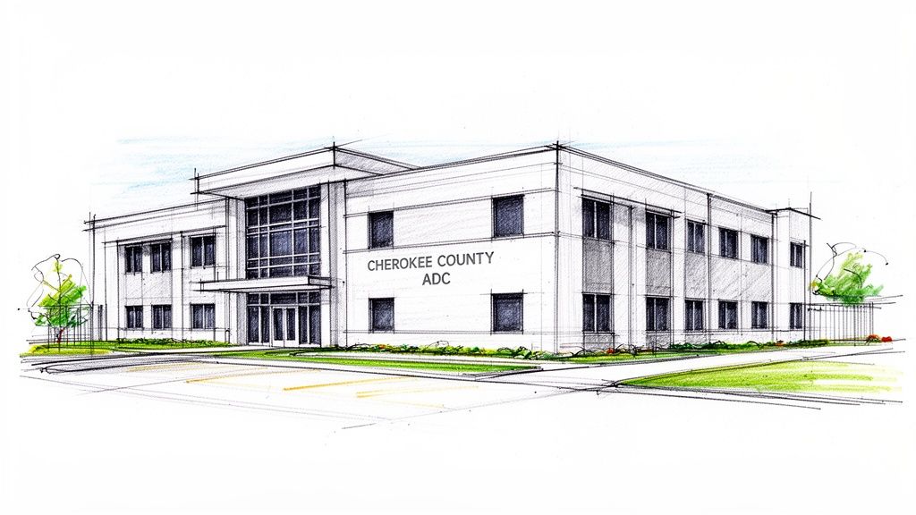 An architectural sketch of the multi-story Cherokee County ADC building with a modern entrance and parking lot.