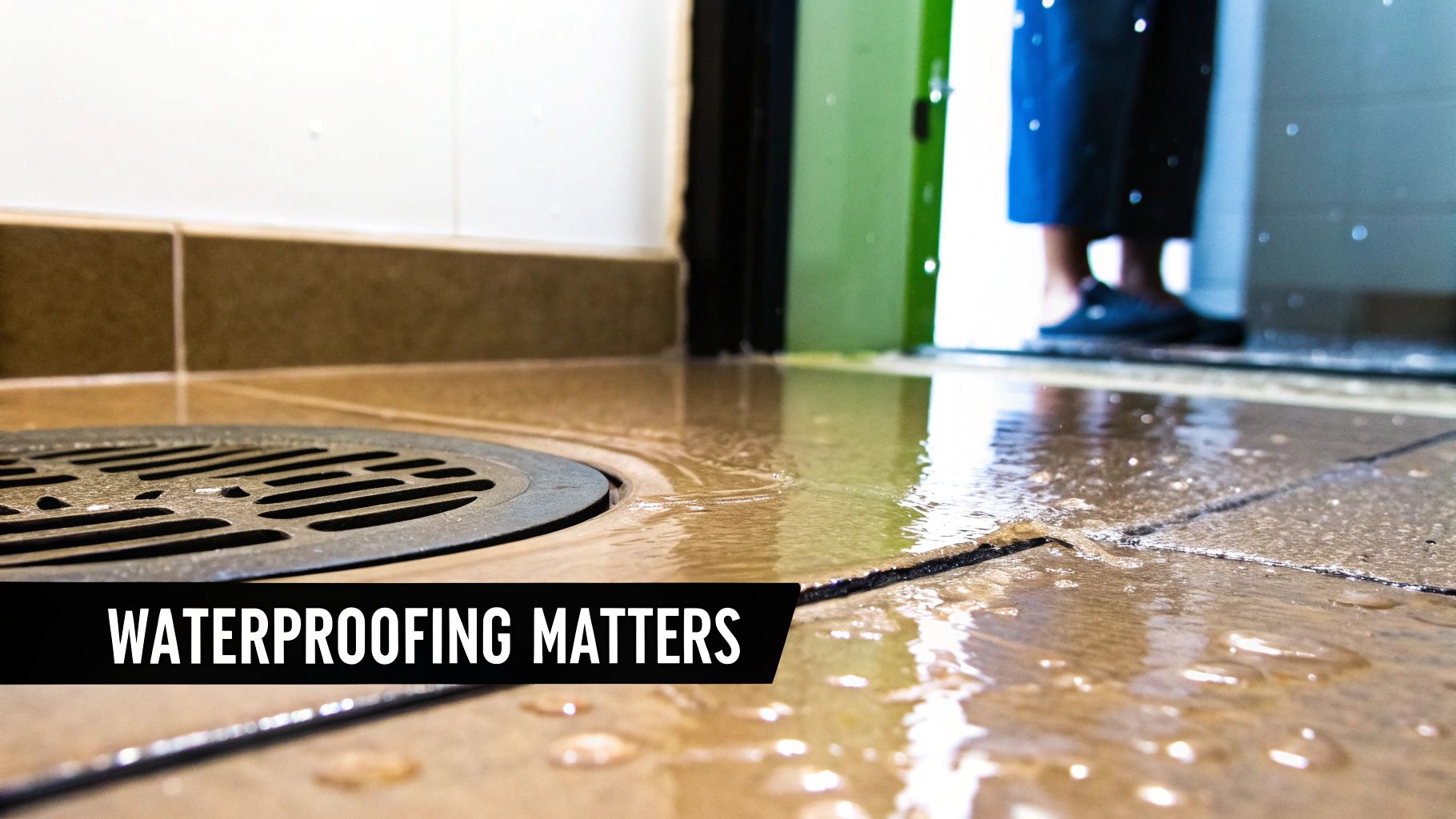 Close-up of a wet tiled bathroom floor with a drain, emphasizing the importance of waterproofing.