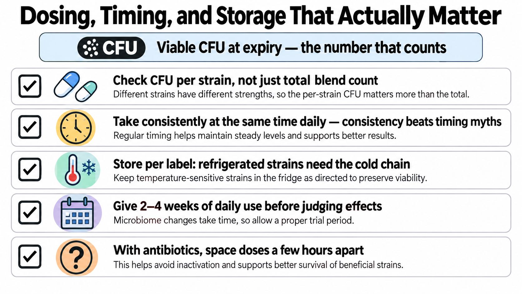 An infographic showing tips for probiotic usage including checking CFU, consistent timing, proper storage, and spacing doses.