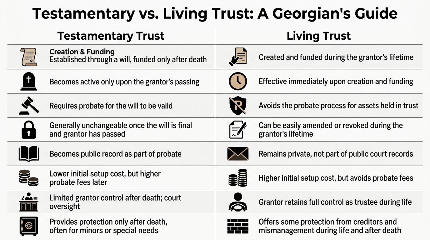 A comparison chart outlining the key differences between testamentary trusts and living trusts for Georgian residents.