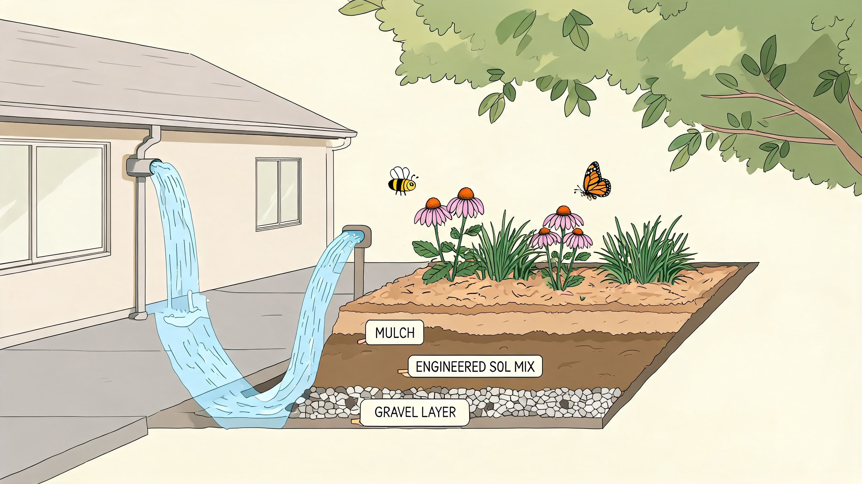 A diagram illustrating a rain garden design with layers of mulch, engineered soil, and a gravel base.