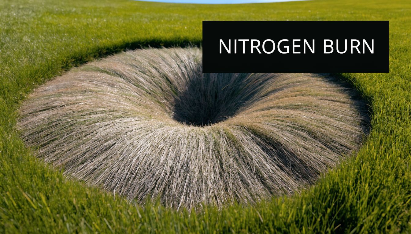 A circular brown patch of dead grass surrounded by healthy green grass representing nitrogen lawn damage.