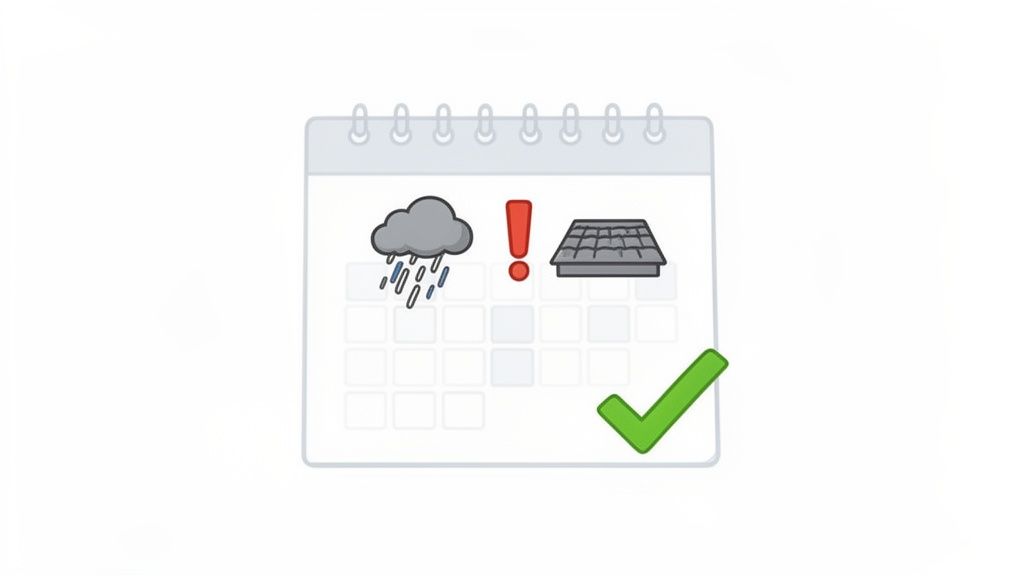 A calendar displaying a rainy cloud, an exclamation mark, a roof icon, and a green checkmark.