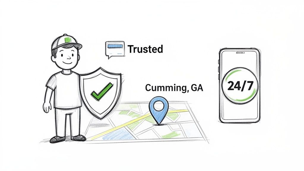 Illustration of a trusted, 24/7 service in Cumming, GA, featuring a character with a shield.