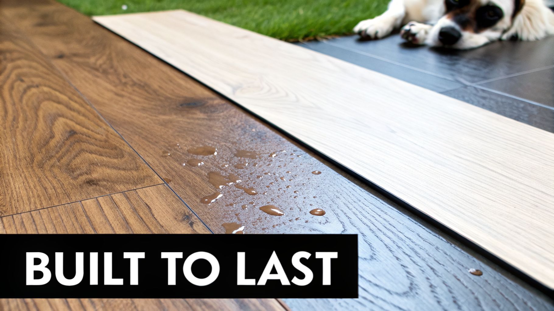 Water droplets on brown wood-look flooring, with light plank, dark tile, a dog, and 'BUILT TO LAST' text.