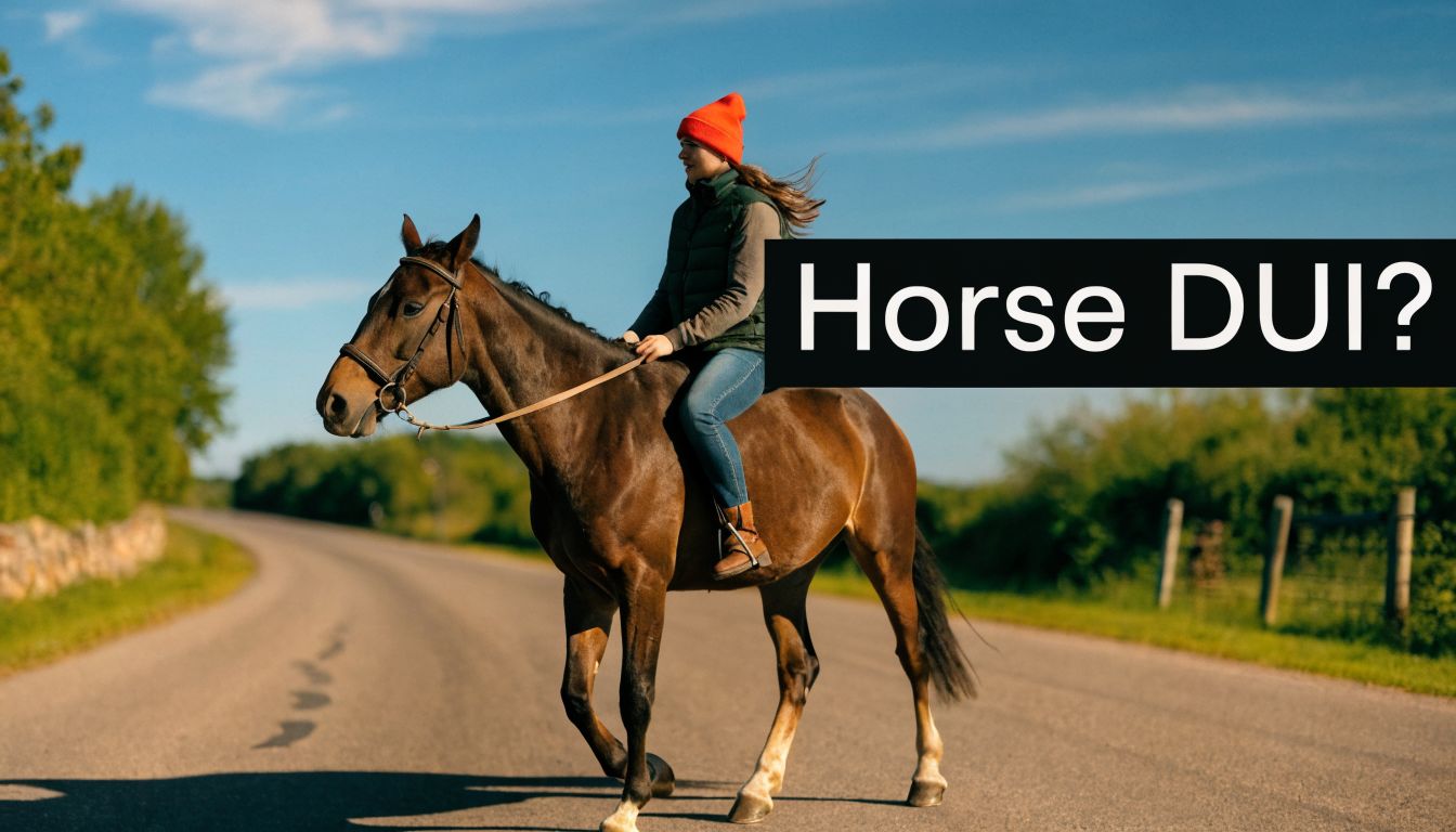 A person wearing a bright orange beanie riding a brown horse down a rural road in sunlight.