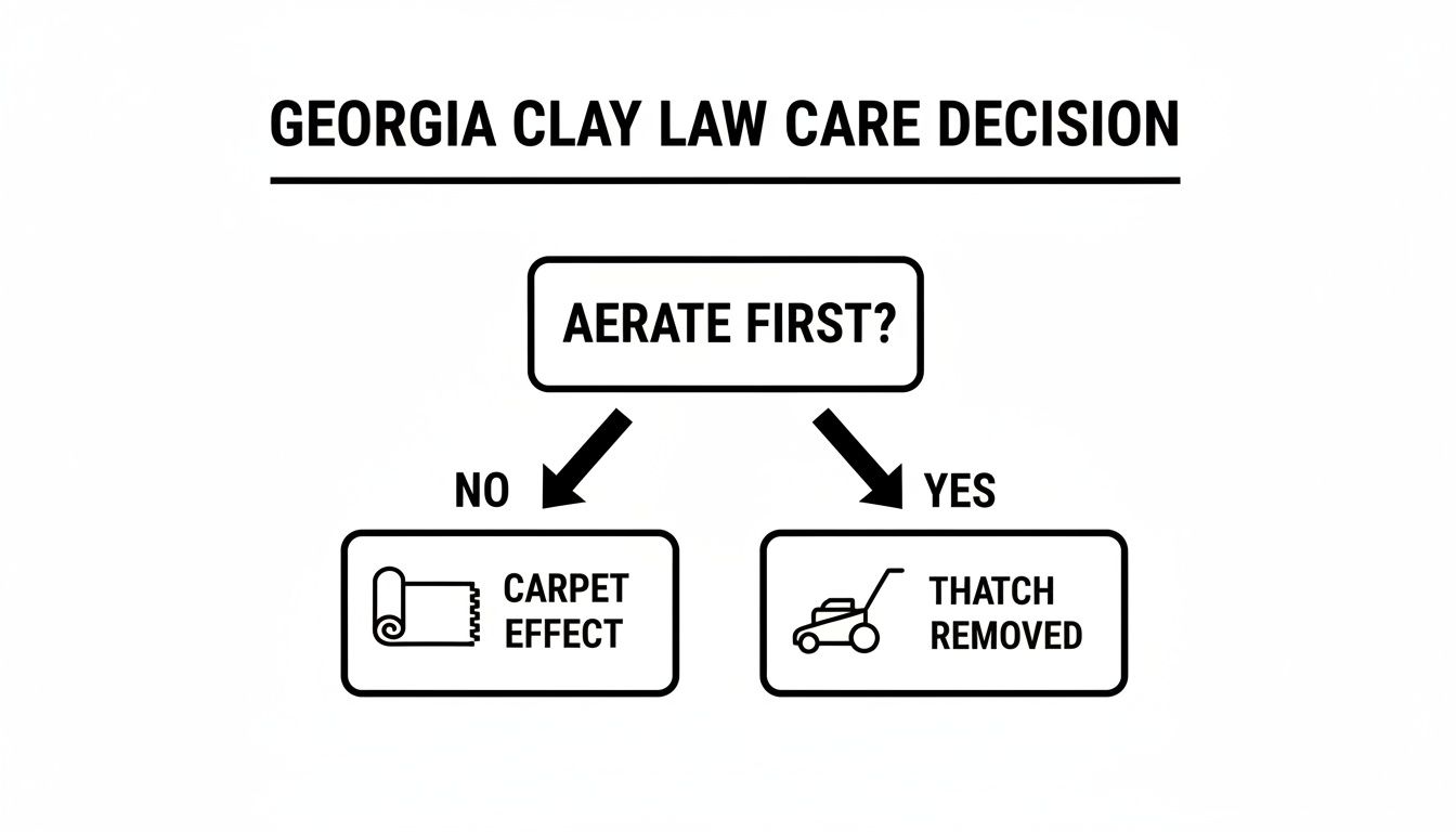 Flowchart for Georgia clay lawn care decision: aerate first to remove thatch or risk carpet effect.